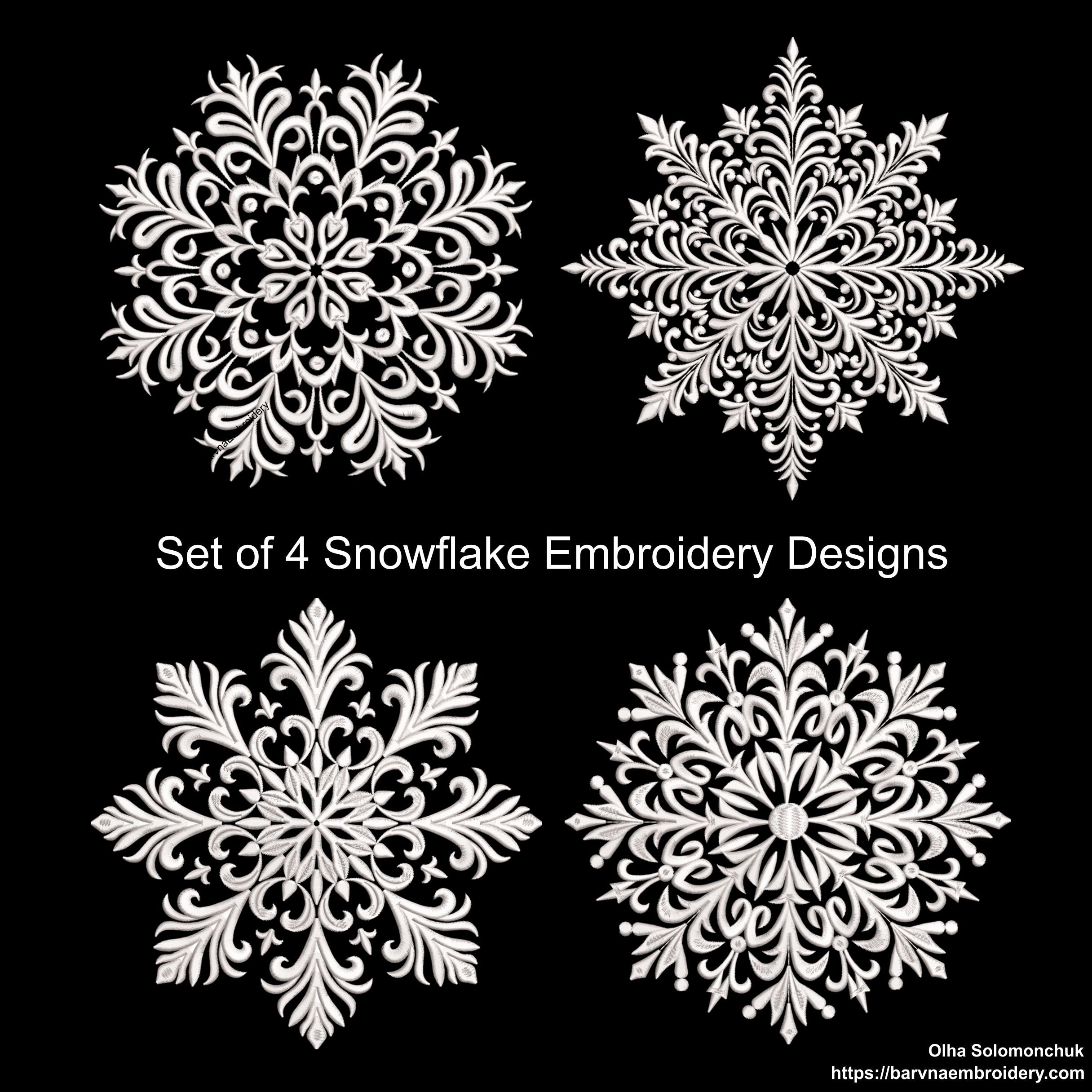 Set of 4 detailed snowflake embroidery designs – single color machine embroidery files for winter and Christmas projects.