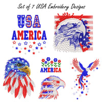 Patriotic machine embroidery design set with eagle and USA lettering in red white and blue colors