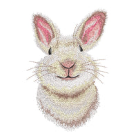 Detailed machine embroidery design of a cute smiling bunny head with prominent pink ears, realistic brown and white fur textures, and long whiskers.