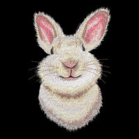 Detailed machine embroidery design of a cute smiling bunny head with prominent pink ears, realistic brown and white fur textures, and long whiskers.