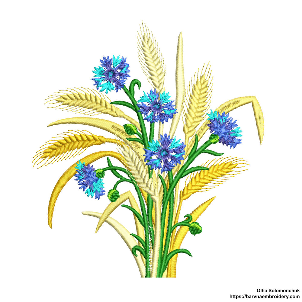 Cornflowers and Wheat spikelets machine embroidery designs, Instant download