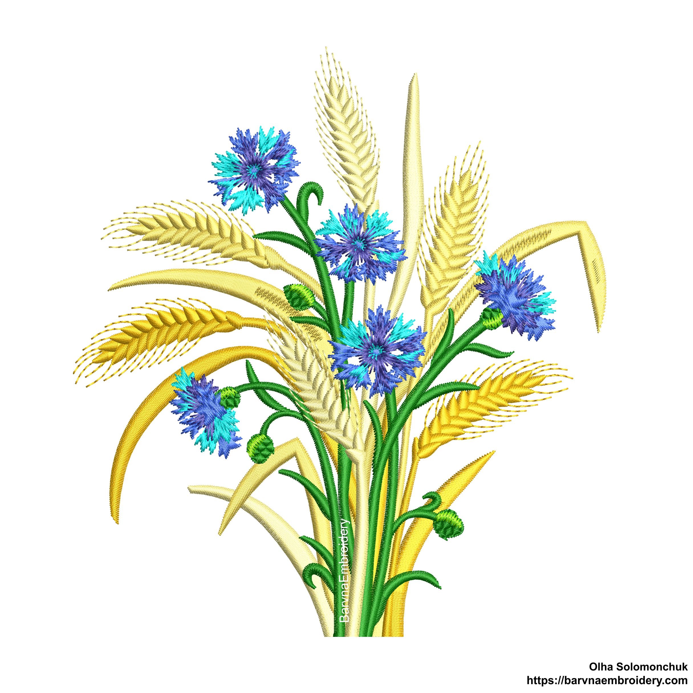 Cornflowers and Wheat spikelets machine embroidery designs, Instant download