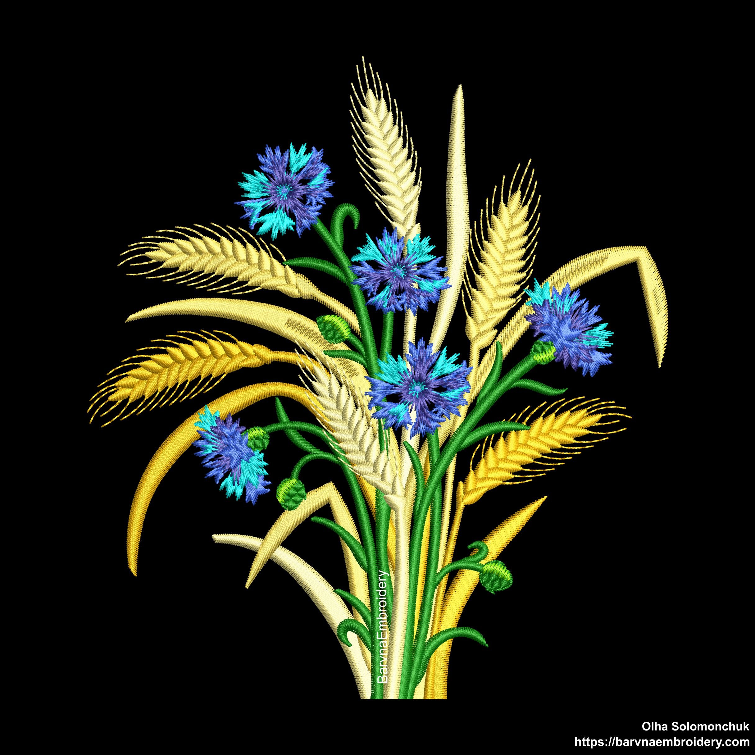 Cornflowers and Wheat spikelets machine embroidery designs, Instant download