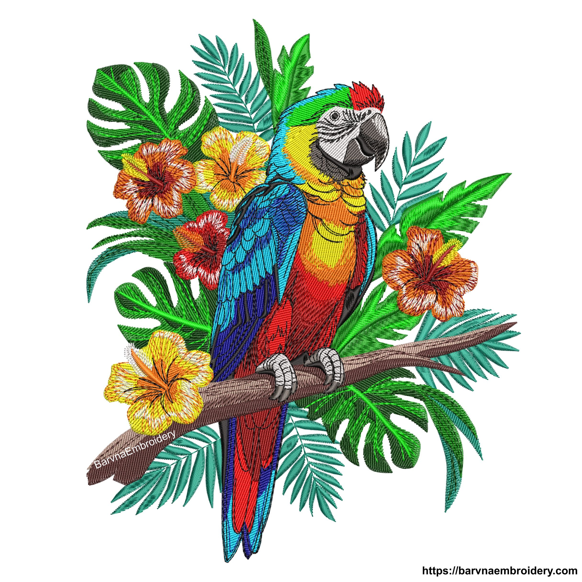 Colorful macaw parrot machine embroidery design with tropical flowers and leaves, digital file for embroidery machines.