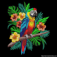 Colorful macaw parrot machine embroidery design with tropical flowers and leaves, digital file for embroidery machines.