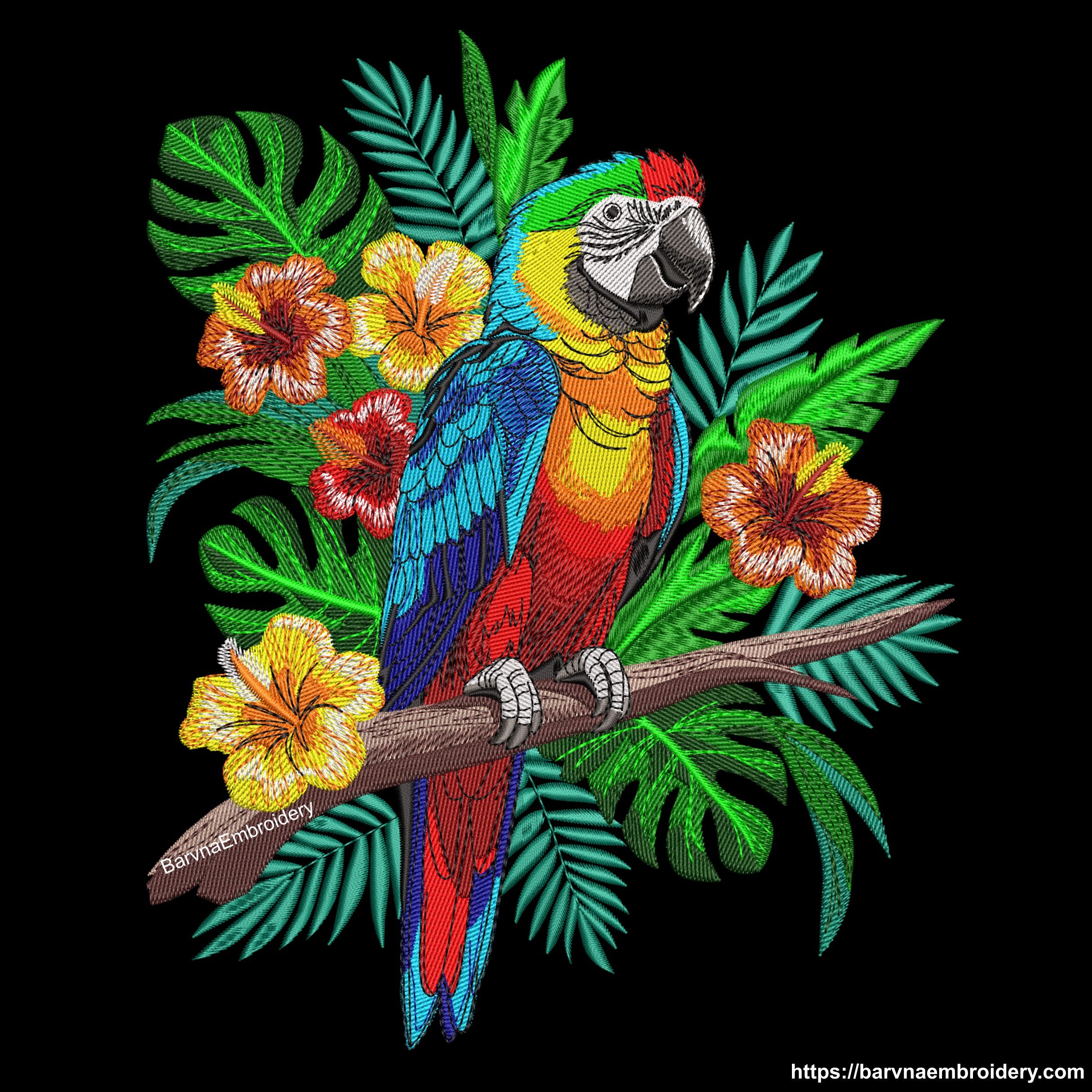 Colorful macaw parrot machine embroidery design with tropical flowers and leaves, digital file for embroidery machines.