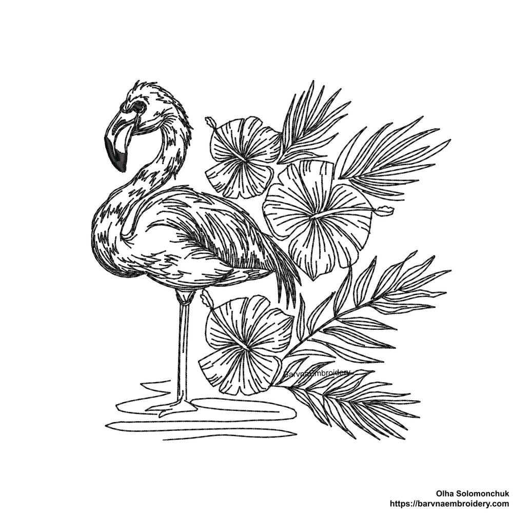 Tropical plants Embroidery designs, Flamingo Machine Embroidery Design - Line Art Stitch Embroidery, Digital download