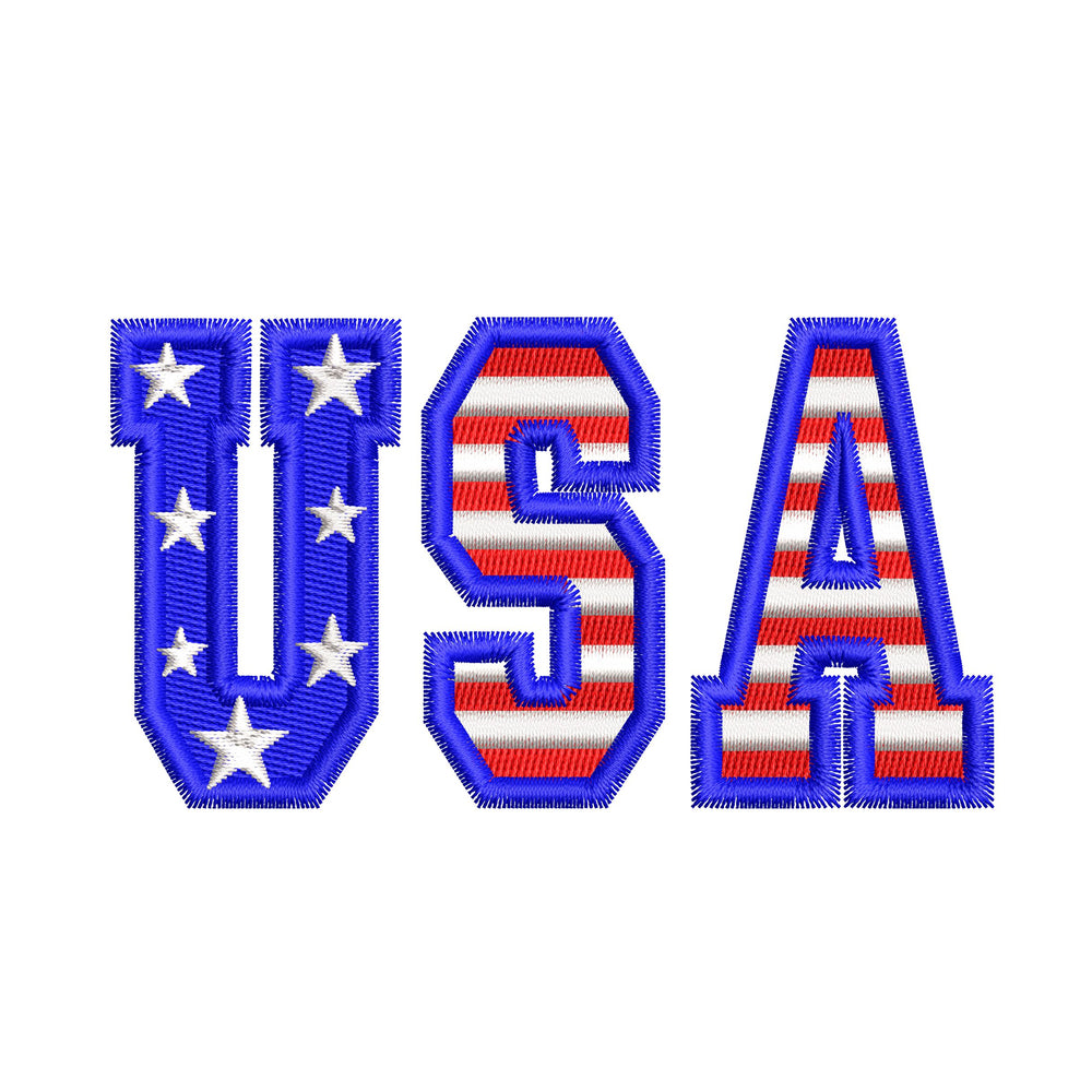USA patriotic machine embroidery design with stars and striped lettering in red white and blue style