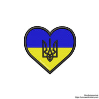 Heart-shaped Ukrainian flag embroidery with wheat stalks and satin border – perfect as a patch or for decorating clothes and bags.