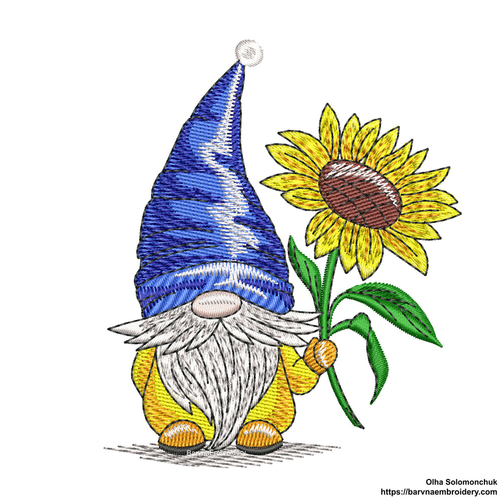 Ukrainian gnome Machine embroidery designs, Gnome wiht sunflowers embroidery designs