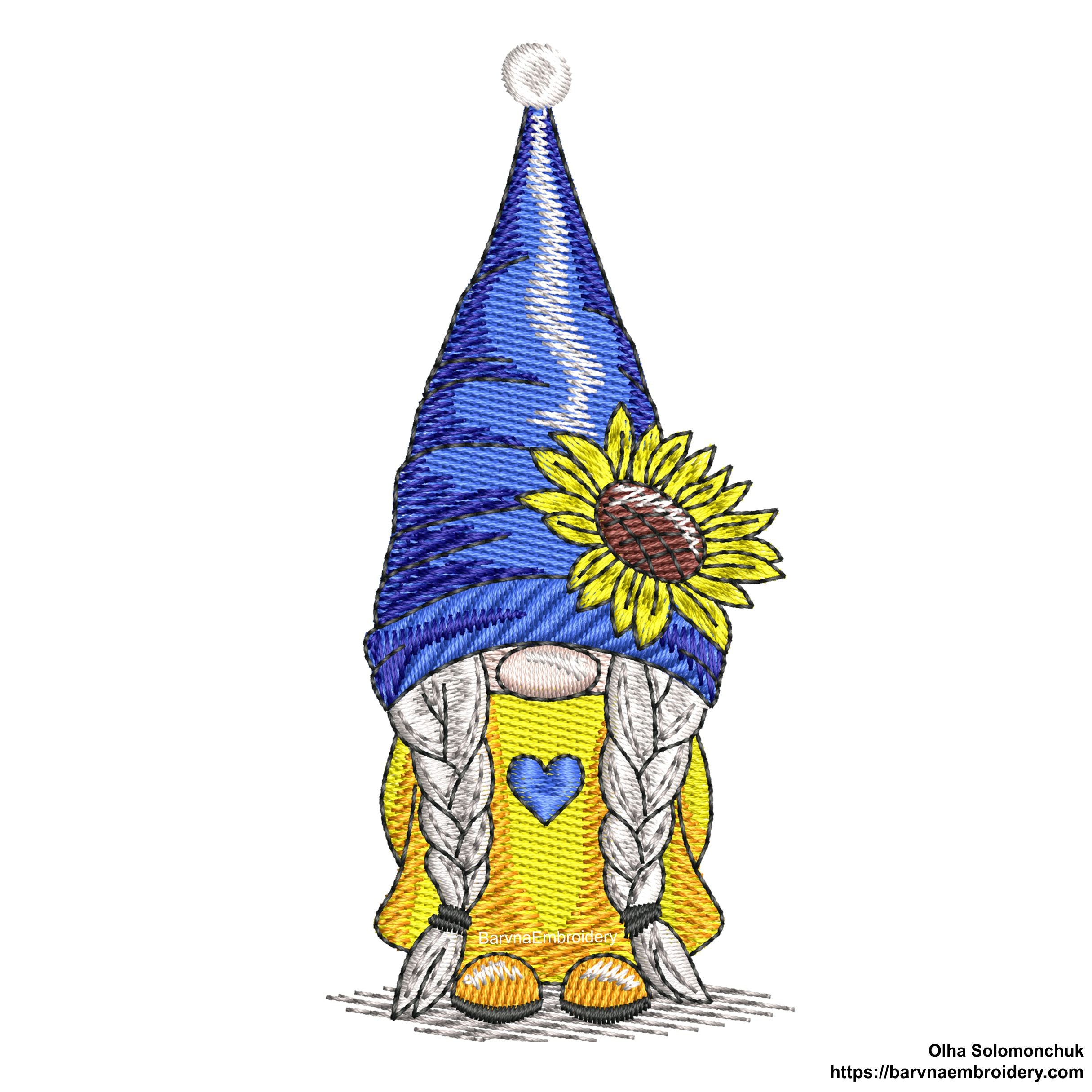 Ukrainian gnome girl Machine embroidery designs, Gnome wiht sunflowers embroidery designs