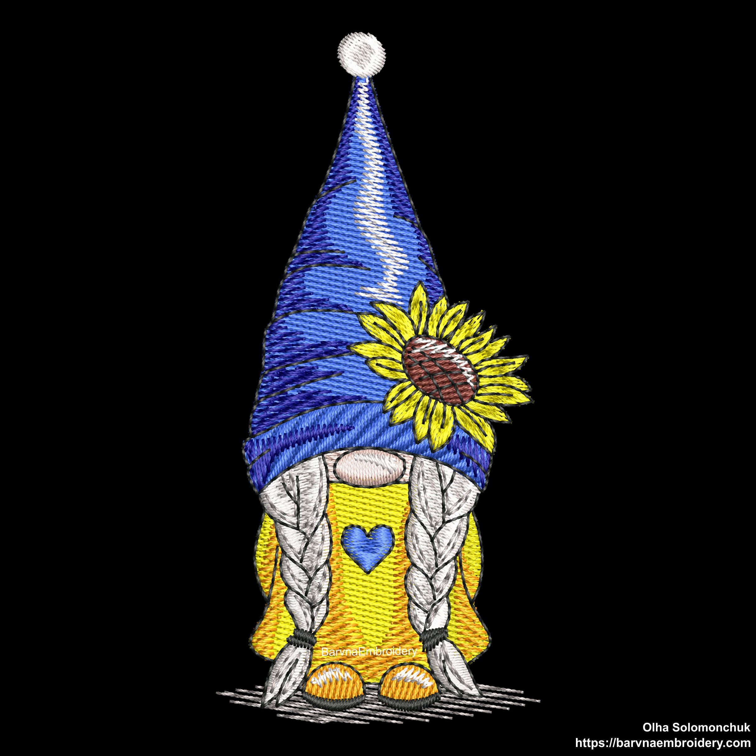 Ukrainian gnome girl Machine embroidery designs, Gnome wiht sunflowers embroidery designs