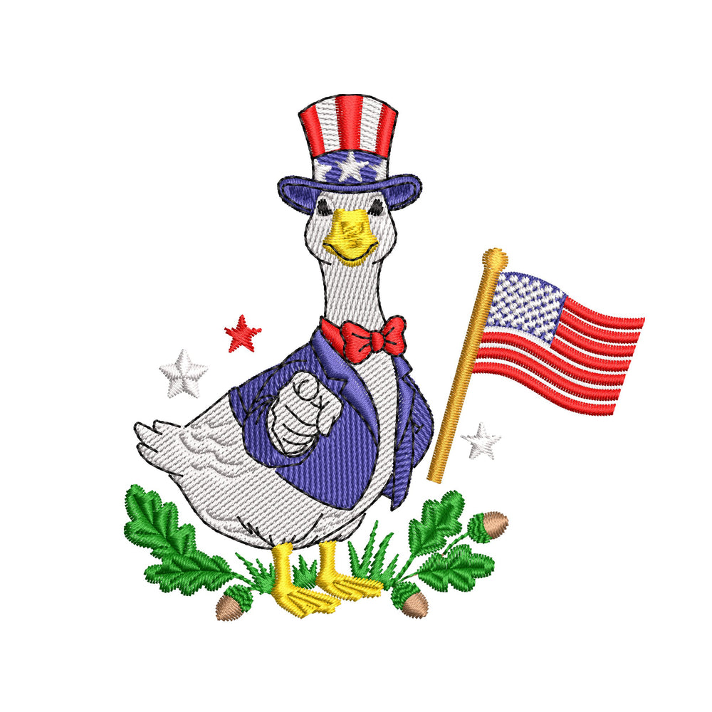 Patriotic goose embroidery design wearing a patriotic hat and pointing forward with a USA flag