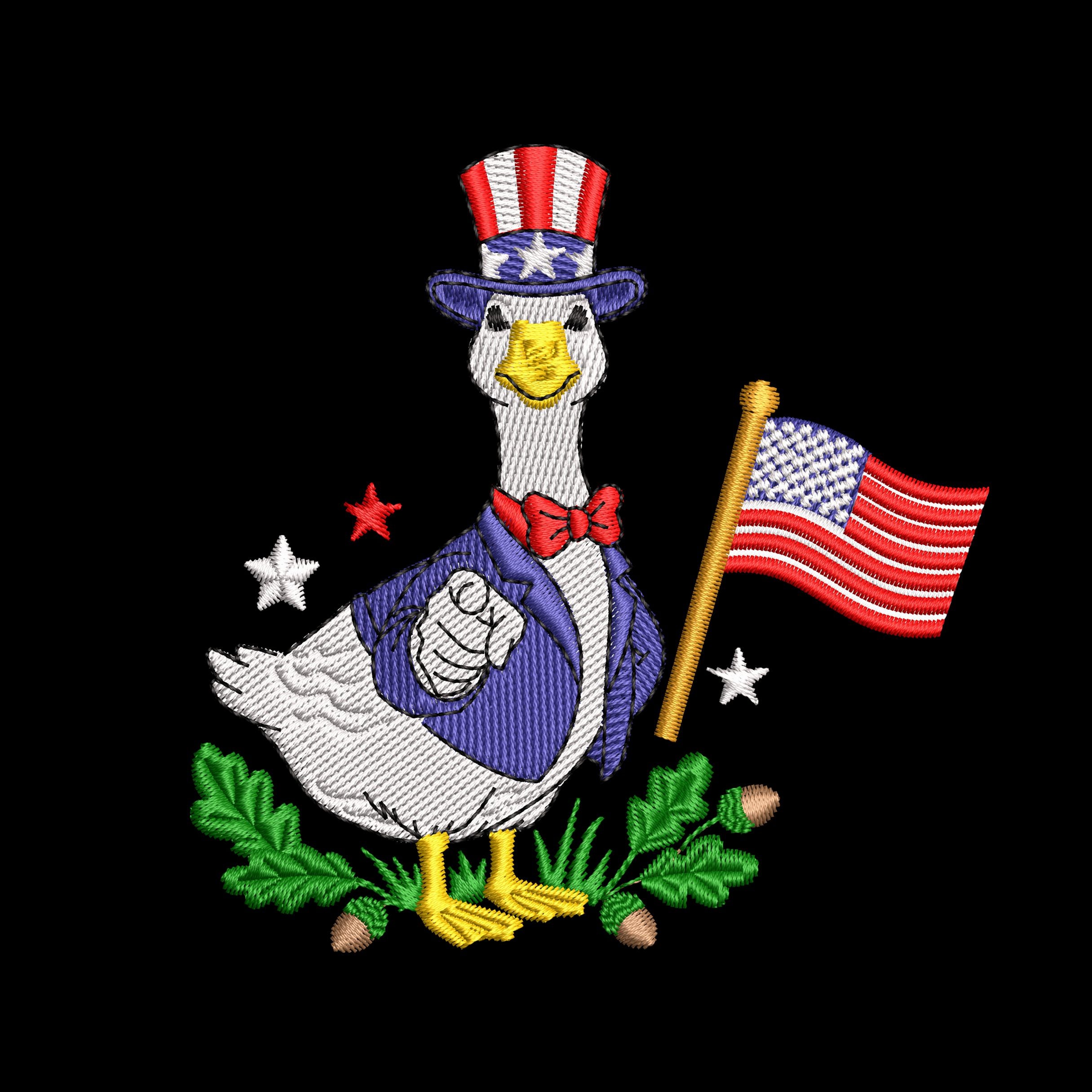 Patriotic goose embroidery design wearing a patriotic hat and pointing forward with a USA flag