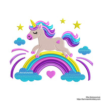 Cute unicorn embroidery design running on a rainbow with stars and clouds – ideal for girls’ clothes or nursery decor.