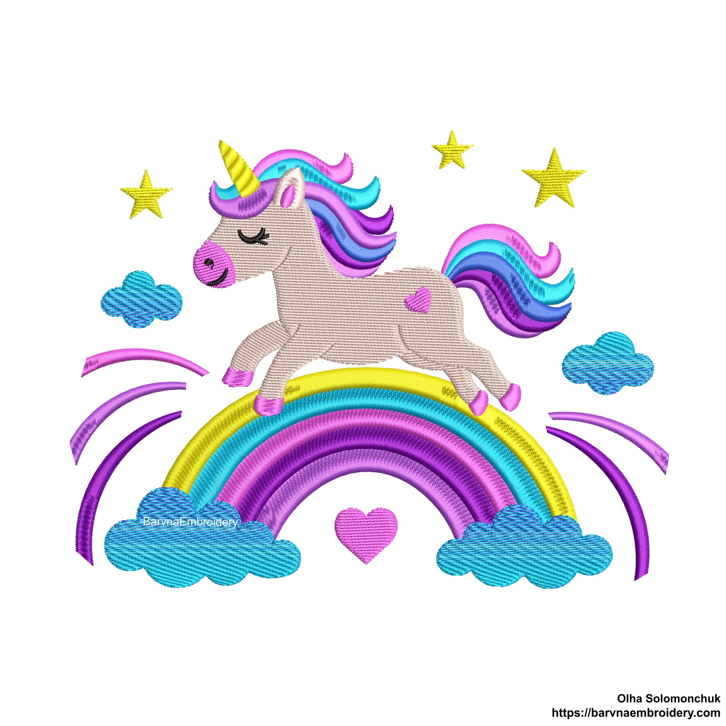 Cute unicorn embroidery design running on a rainbow with stars and clouds – ideal for girls’ clothes or nursery decor.