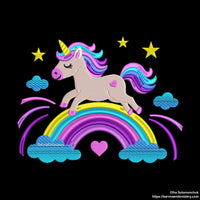 Cute unicorn embroidery design running on a rainbow with stars and clouds – ideal for girls’ clothes or nursery decor.
