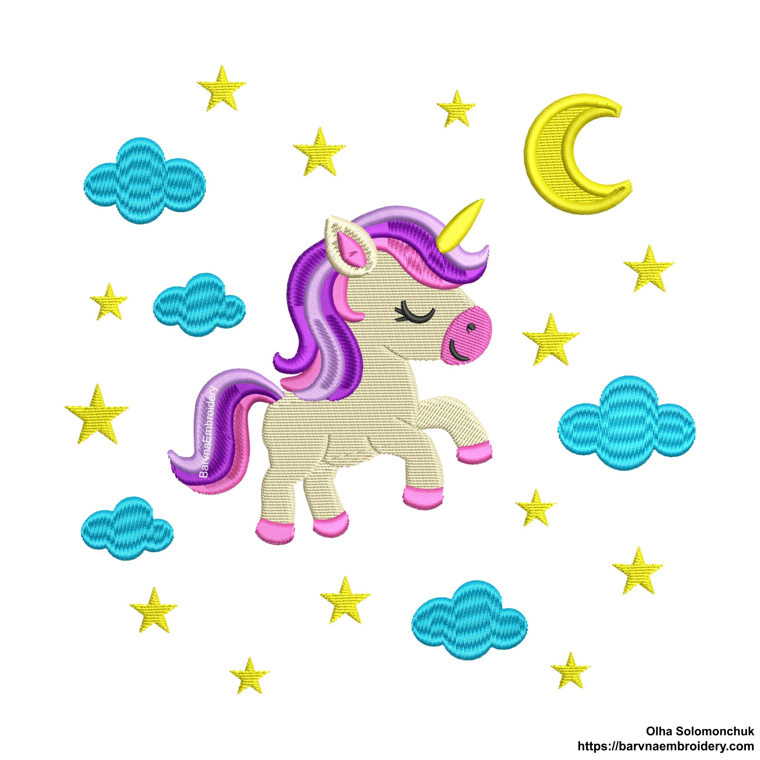 Cute unicorn embroidery design surrounded by stars, moon, and clouds – perfect for baby girl clothes, pillows, or nursery decor.