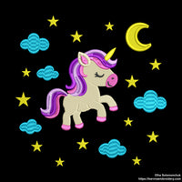Cute unicorn embroidery design surrounded by stars, moon, and clouds – perfect for baby girl clothes, pillows, or nursery decor.