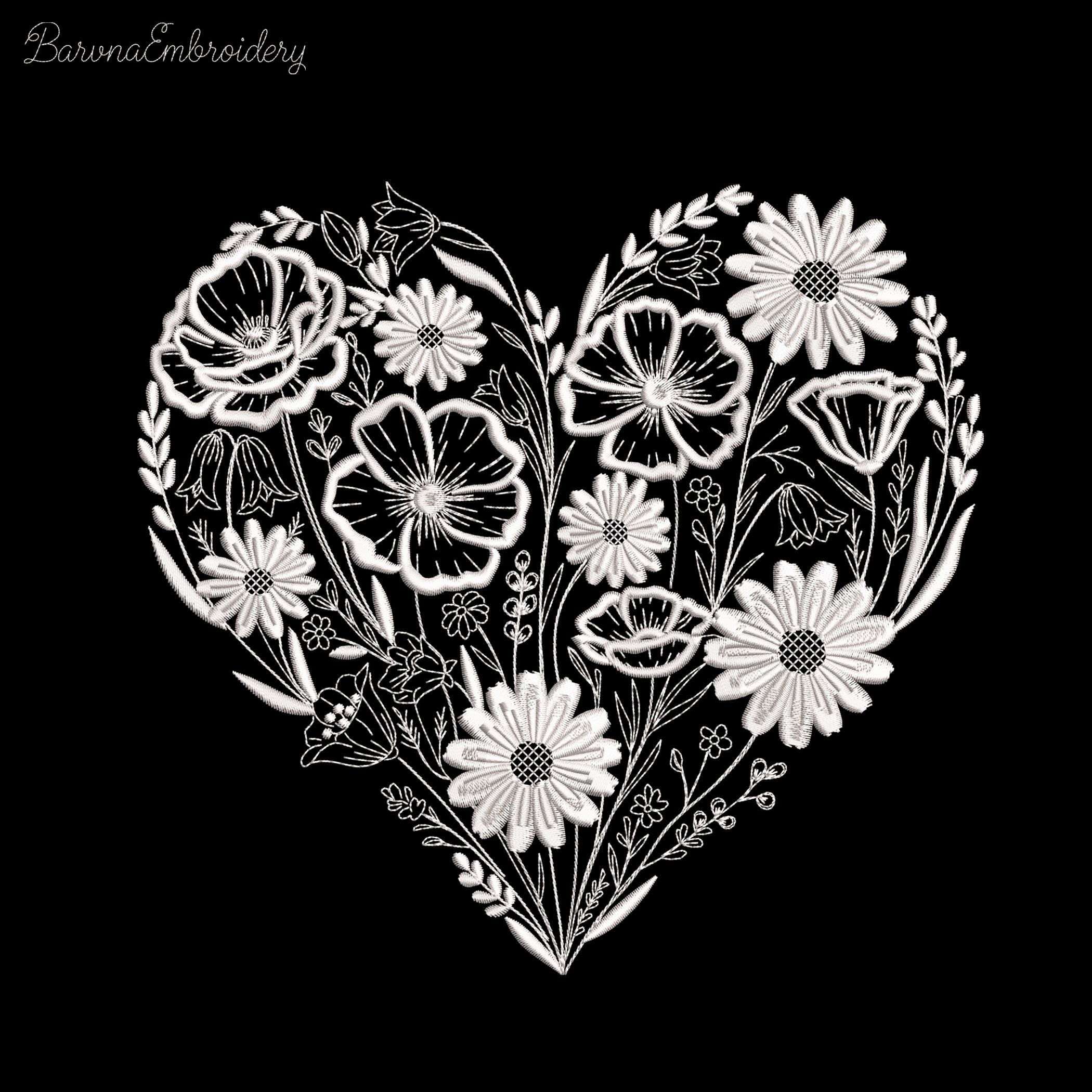 Wildflowers Heart Machine Embroidery Design, Floral Valentine Embroidery File (Instant Download)