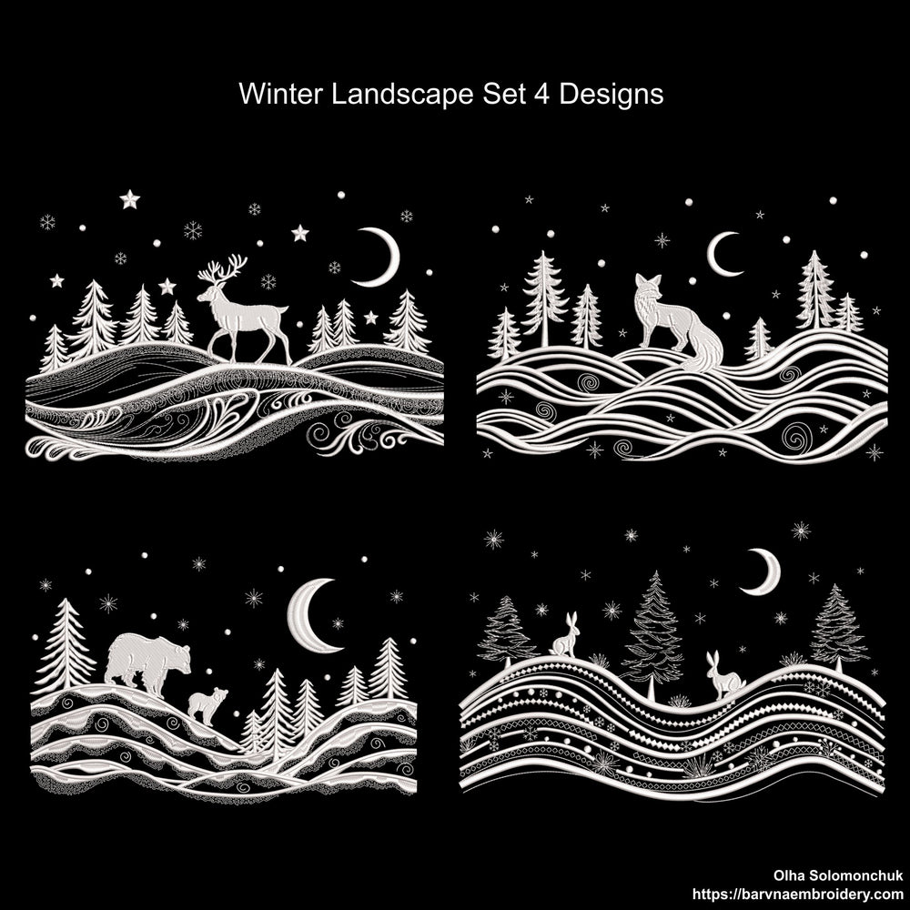 Set of four one-color winter landscape embroidery designs featuring fox, deer, bears, and bunnies among snowy trees, stars, and moon – perfect for Christmas embroidery projects.