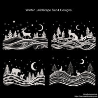 Set of four one-color winter landscape embroidery designs featuring fox, deer, bears, and bunnies among snowy trees, stars, and moon – perfect for Christmas embroidery projects.