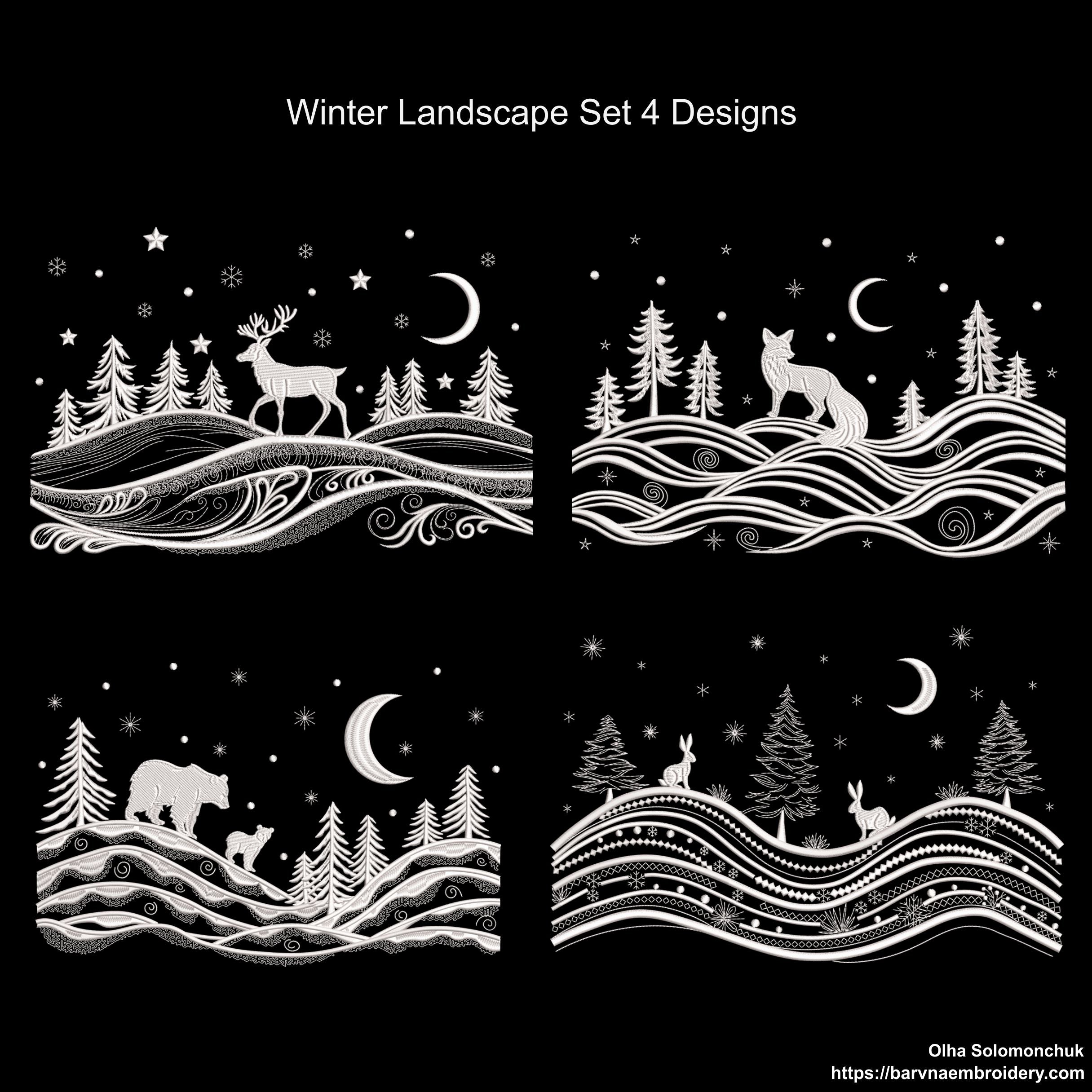 Set of four one-color winter landscape embroidery designs featuring fox, deer, bears, and bunnies among snowy trees, stars, and moon – perfect for Christmas embroidery projects.