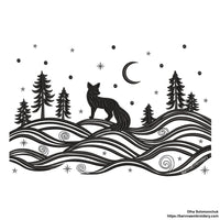One color winter landscape embroidery design featuring a fox, trees, stars, and moon – perfect for Christmas and winter embroidery projects.