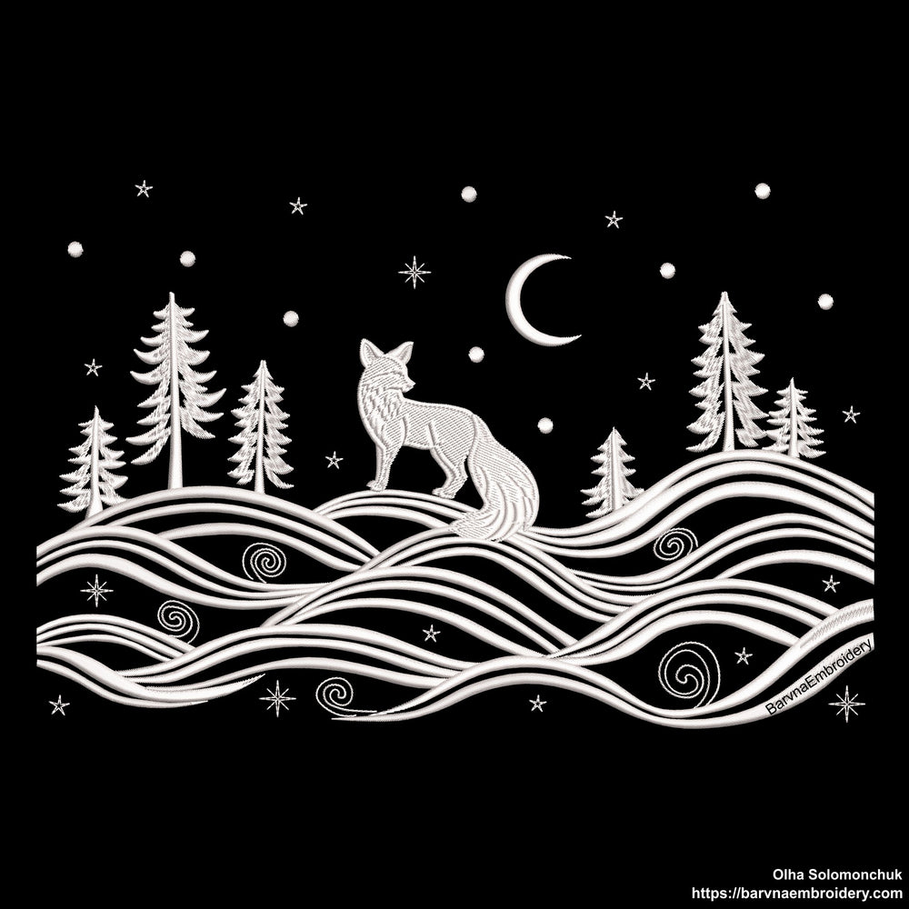 One color winter landscape embroidery design featuring a fox, trees, stars, and moon – perfect for Christmas and winter embroidery projects.