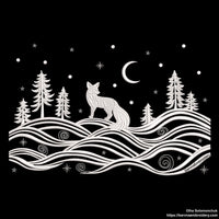 One color winter landscape embroidery design featuring a fox, trees, stars, and moon – perfect for Christmas and winter embroidery projects.