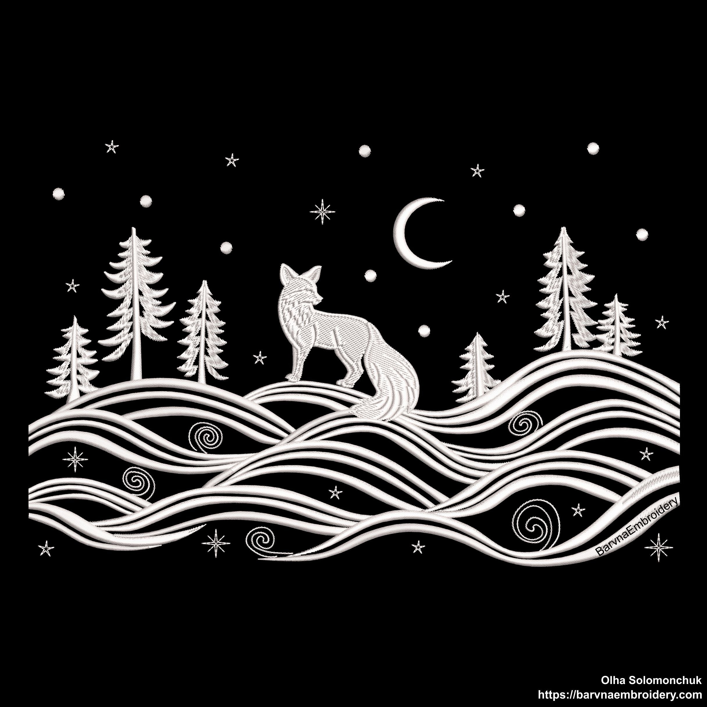 One color winter landscape embroidery design featuring a fox, trees, stars, and moon – perfect for Christmas and winter embroidery projects.