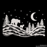 Winter landscape embroidery design with trees, two bears, stars, and moon – one-color machine embroidery file for Christmas and winter projects.
