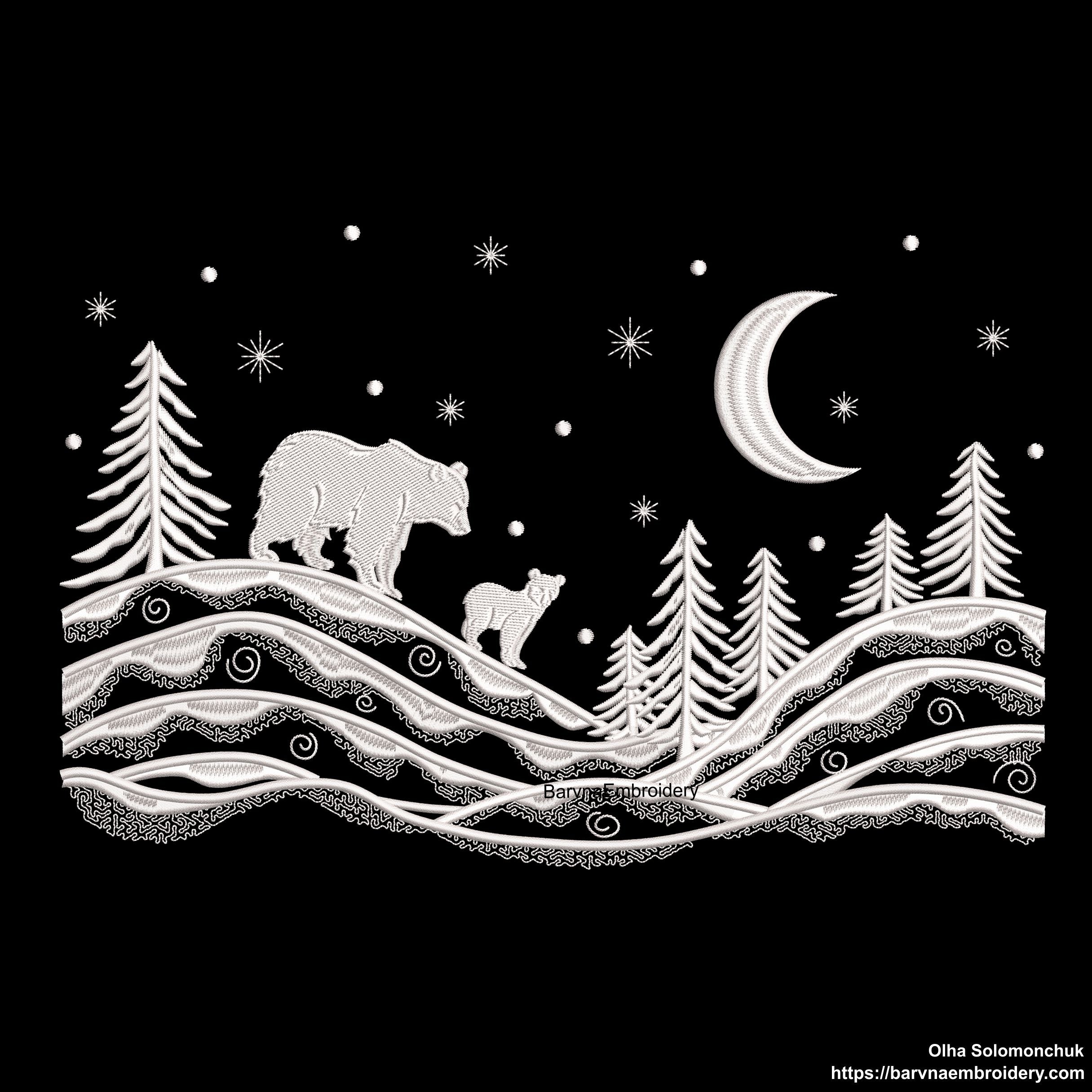 Winter landscape embroidery design with trees, two bears, stars, and moon – one-color machine embroidery file for Christmas and winter projects.