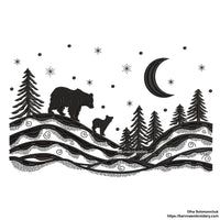 Winter landscape embroidery design with trees, two bears, stars, and moon – one-color machine embroidery file for Christmas and winter projects.