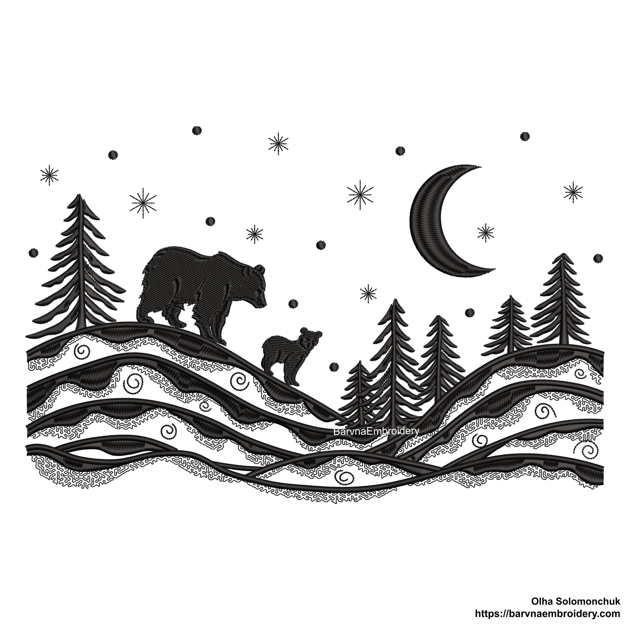 Winter landscape embroidery design with trees, two bears, stars, and moon – one-color machine embroidery file for Christmas and winter projects.