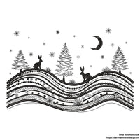 Winter landscape embroidery design with trees, moon, stars, and two rabbits – one-color digital file for holiday and Christmas projects.