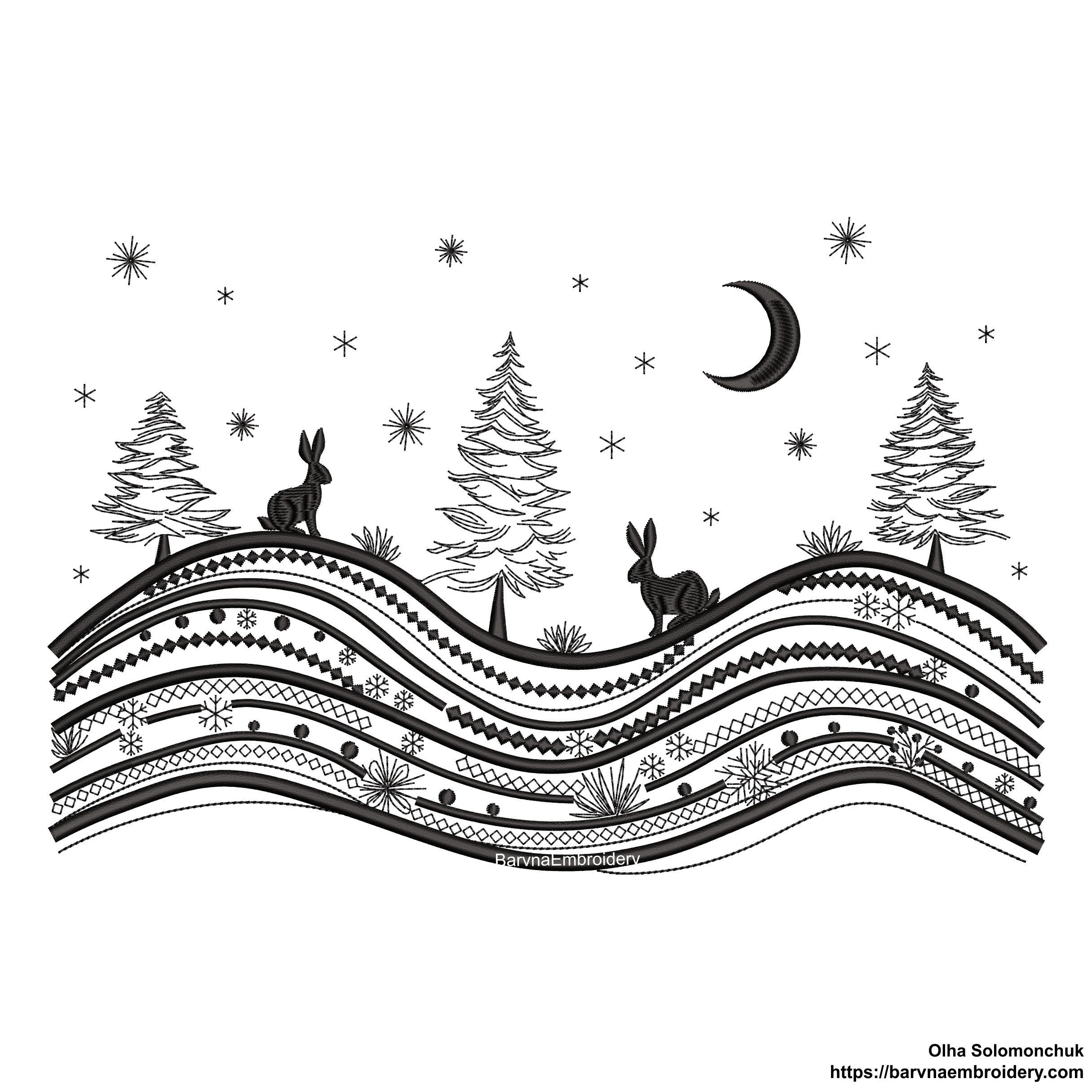 Winter landscape embroidery design with trees, moon, stars, and two rabbits – one-color digital file for holiday and Christmas projects.