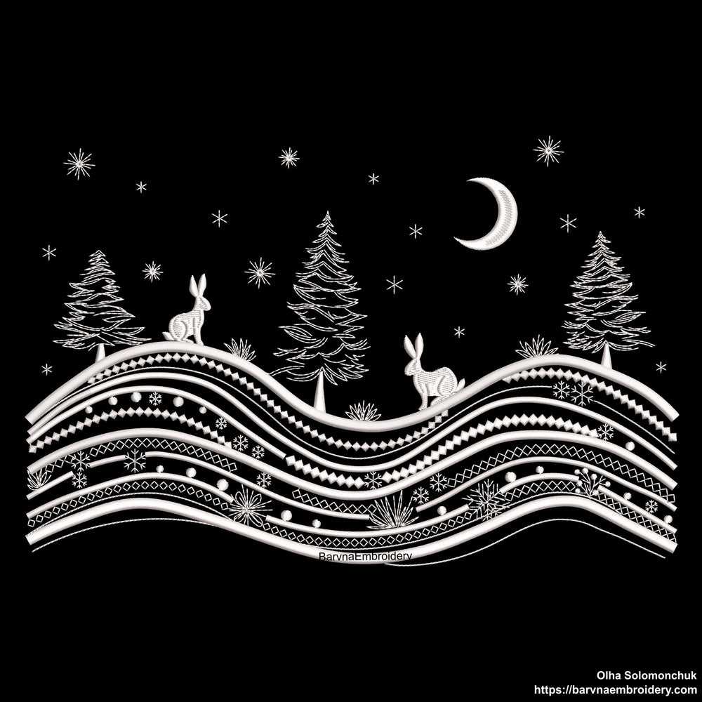 Winter landscape embroidery design with trees, moon, stars, and two rabbits – one-color digital file for holiday and Christmas projects.