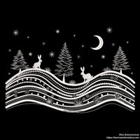 Winter landscape embroidery design with trees, moon, stars, and two rabbits – one-color digital file for holiday and Christmas projects.
