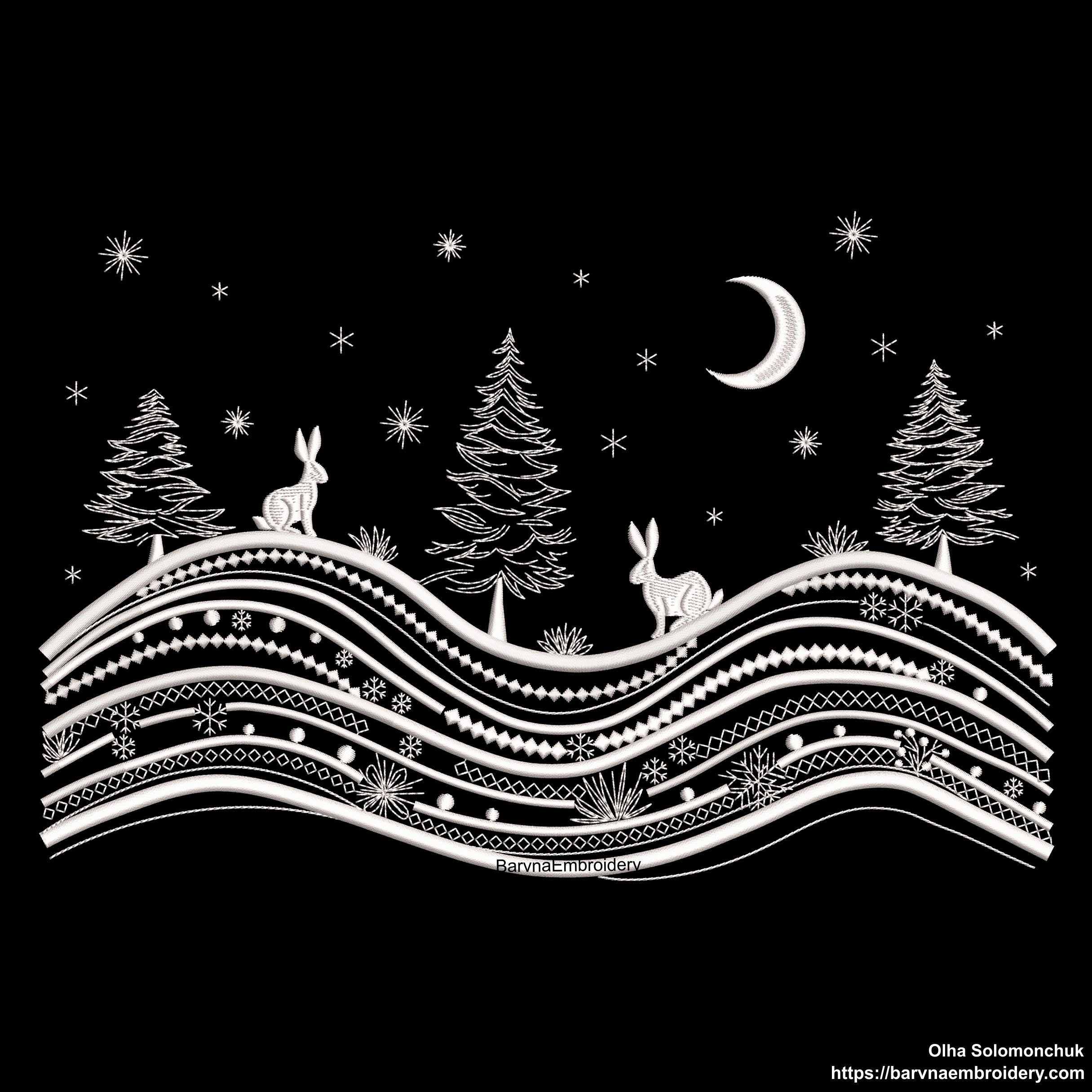Winter landscape embroidery design with trees, moon, stars, and two rabbits – one-color digital file for holiday and Christmas projects.
