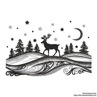 Winter landscape embroidery design with trees, deer, snowflakes, and moon – one-color digital machine embroidery file for holiday projects.