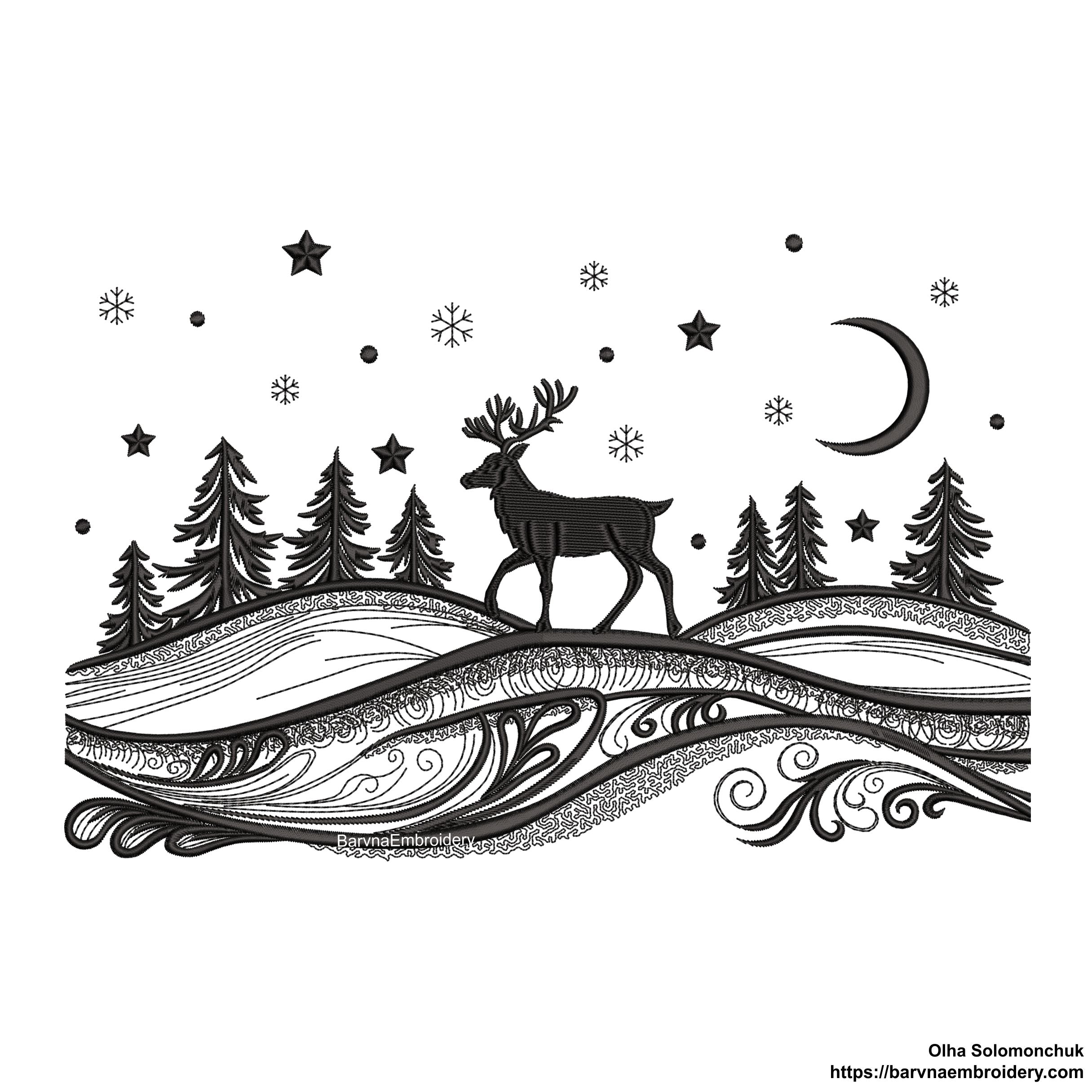 Winter landscape embroidery design with trees, deer, snowflakes, and moon – one-color digital machine embroidery file for holiday projects.