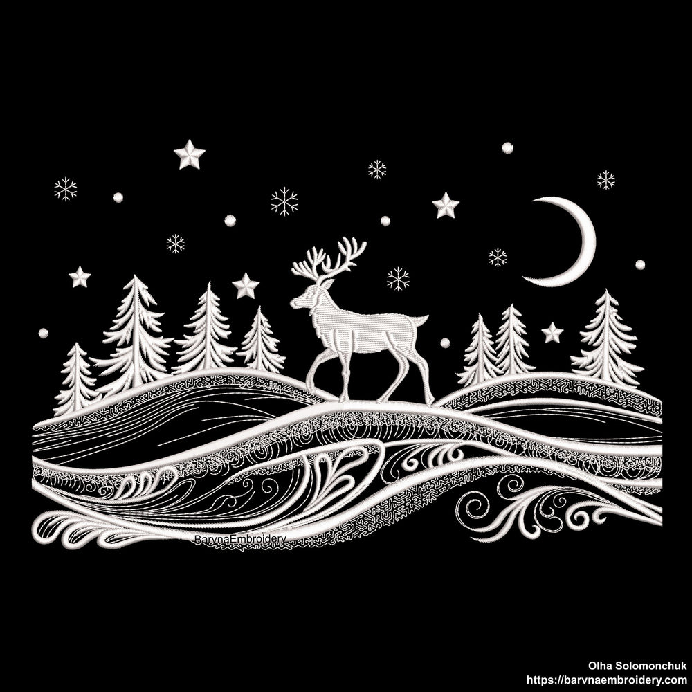 Winter landscape embroidery design with trees, deer, snowflakes, and moon – one-color digital machine embroidery file for holiday projects.