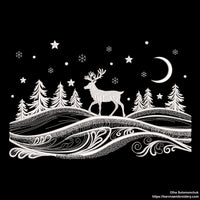 Winter landscape embroidery design with trees, deer, snowflakes, and moon – one-color digital machine embroidery file for holiday projects.