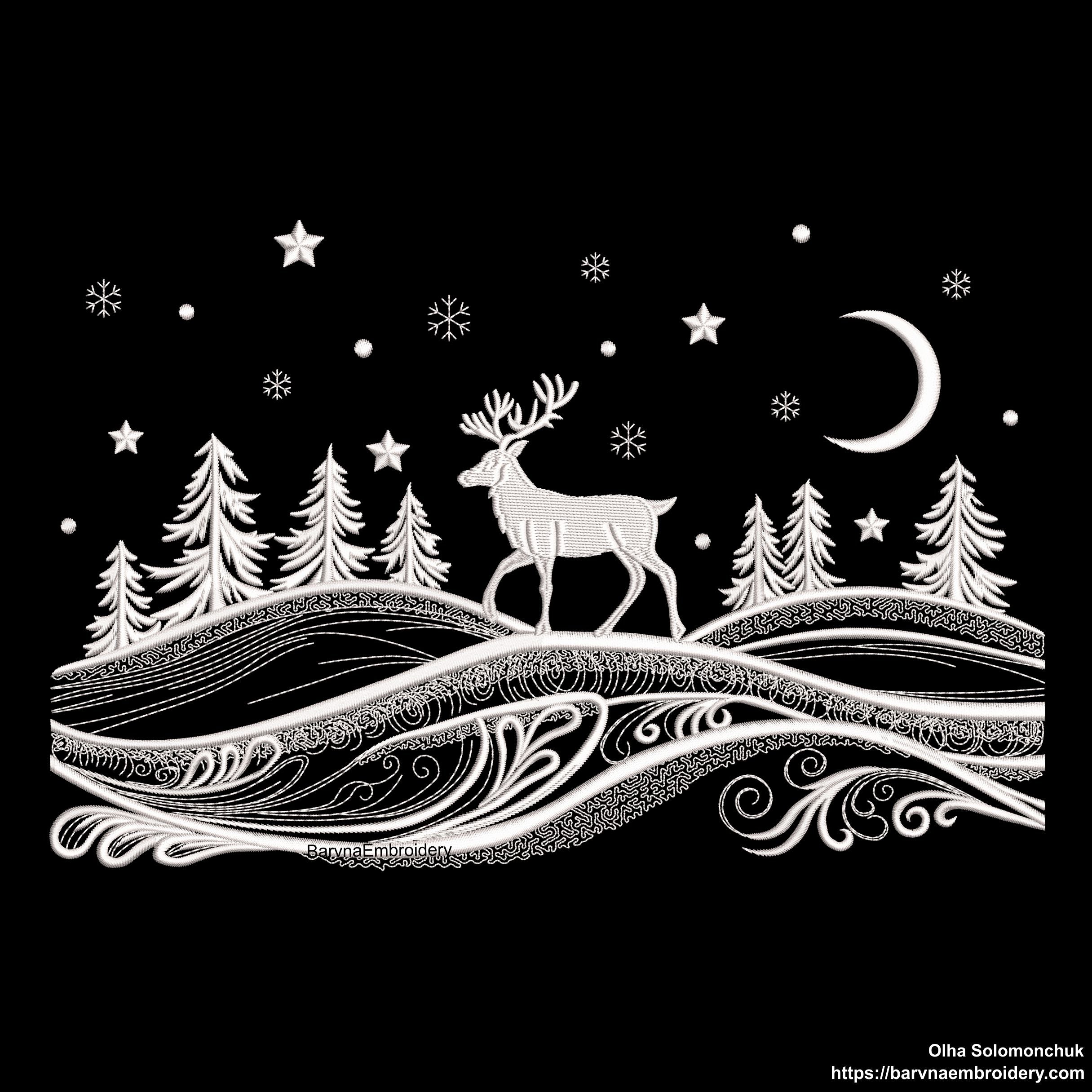 Winter landscape embroidery design with trees, deer, snowflakes, and moon – one-color digital machine embroidery file for holiday projects.