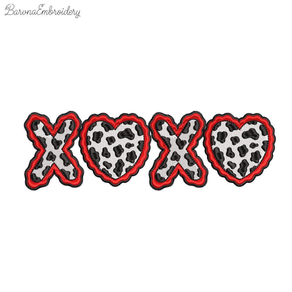 Machine embroidery design of the letters XOXO where both O characters are replaced by cow print hearts with wavy red borders.
