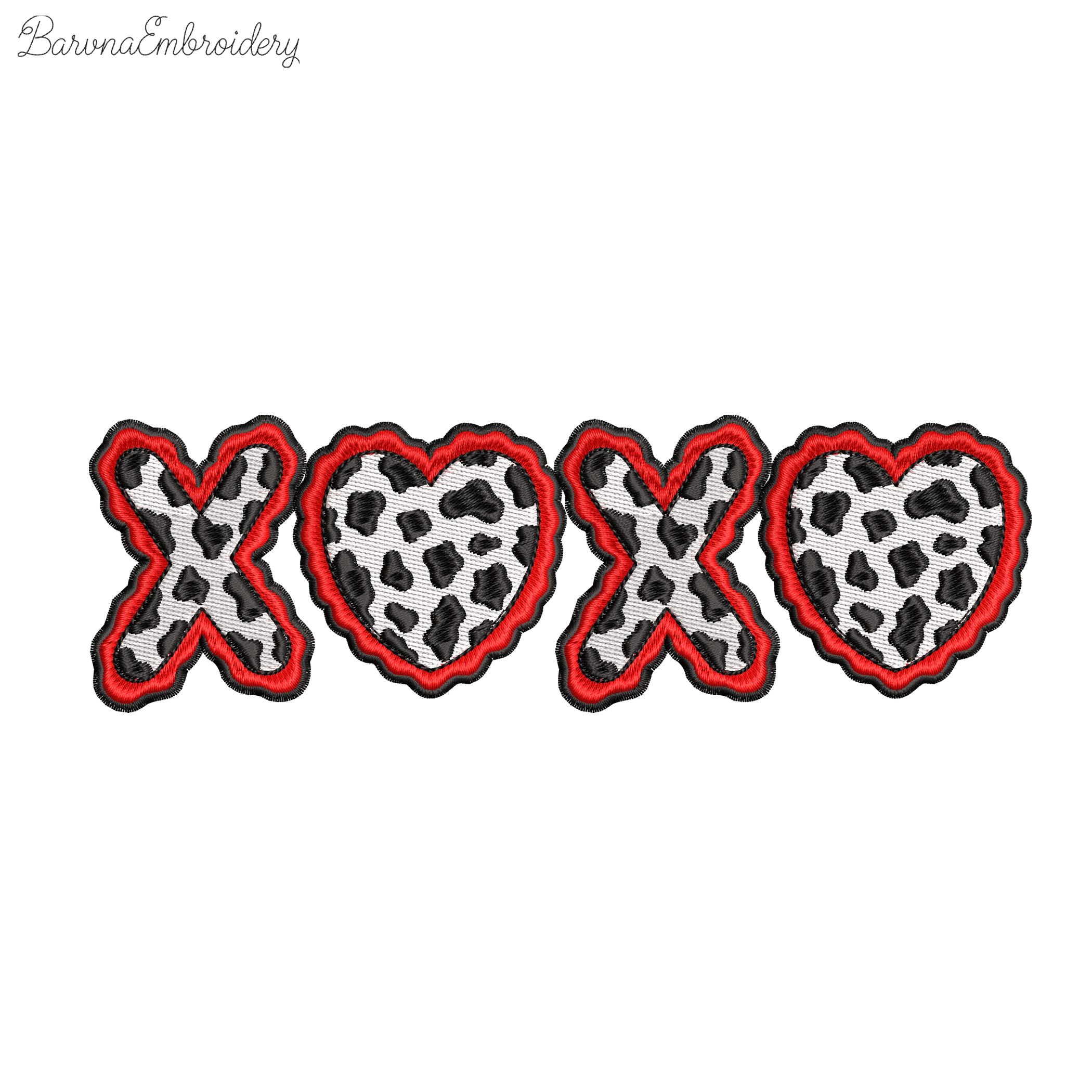 Machine embroidery design of the letters XOXO where both O characters are replaced by cow print hearts with wavy red borders.