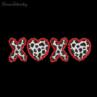 Machine embroidery design of the letters XOXO where both O characters are replaced by cow print hearts with wavy red borders.