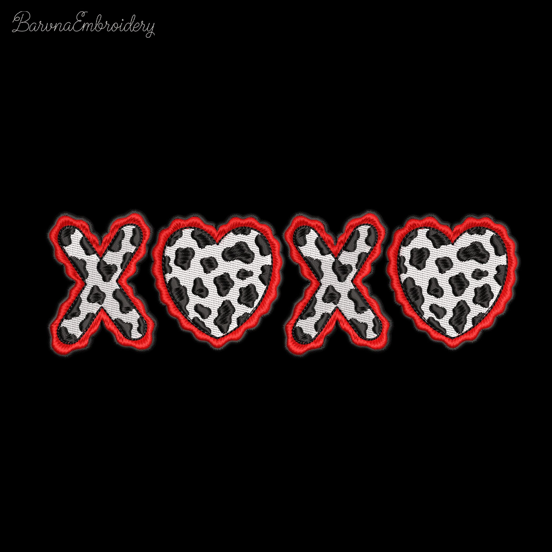 Machine embroidery design of the letters XOXO where both O characters are replaced by cow print hearts with wavy red borders.