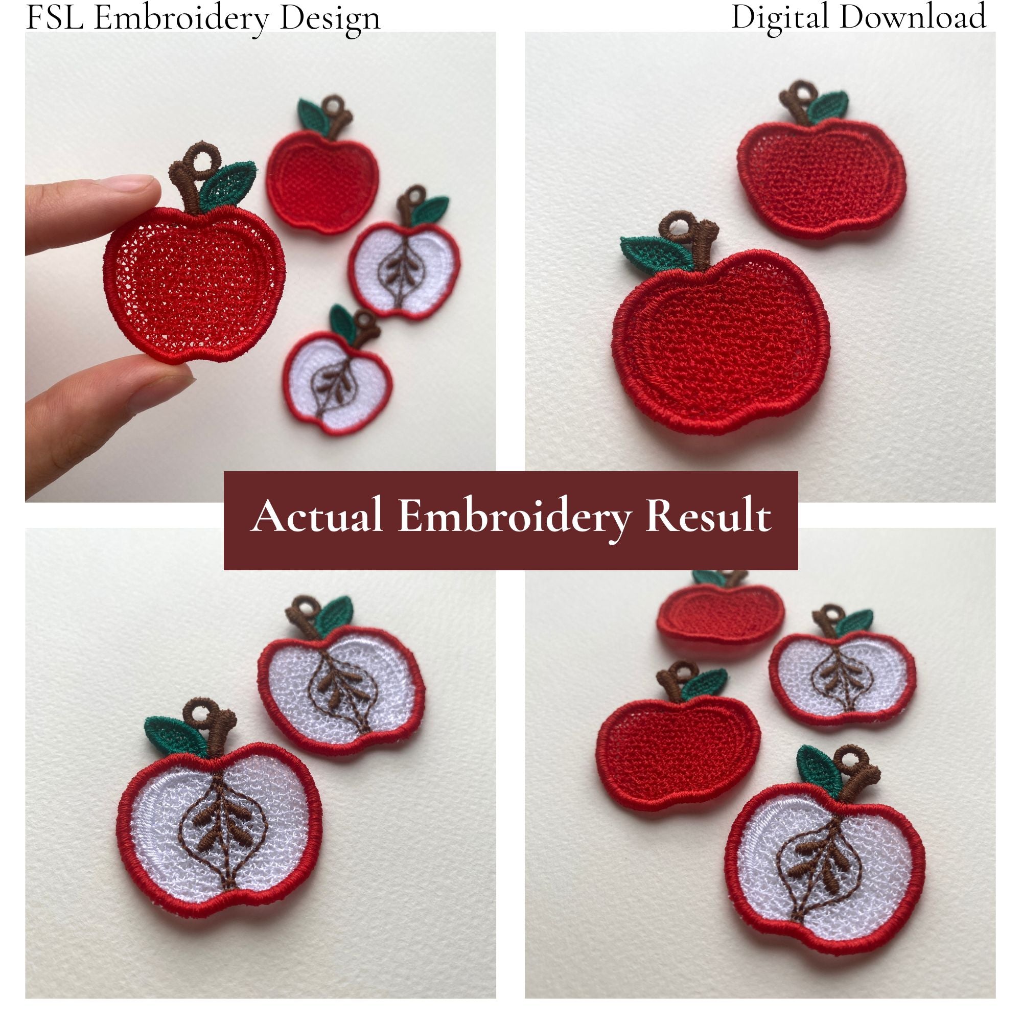 Collage of actual Apple FSL embroidery results showing finished whole and sliced apple lace designs
